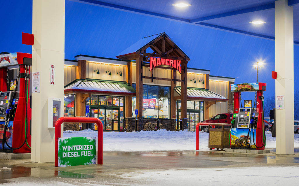 Maverik Gas Station during the winter with snow